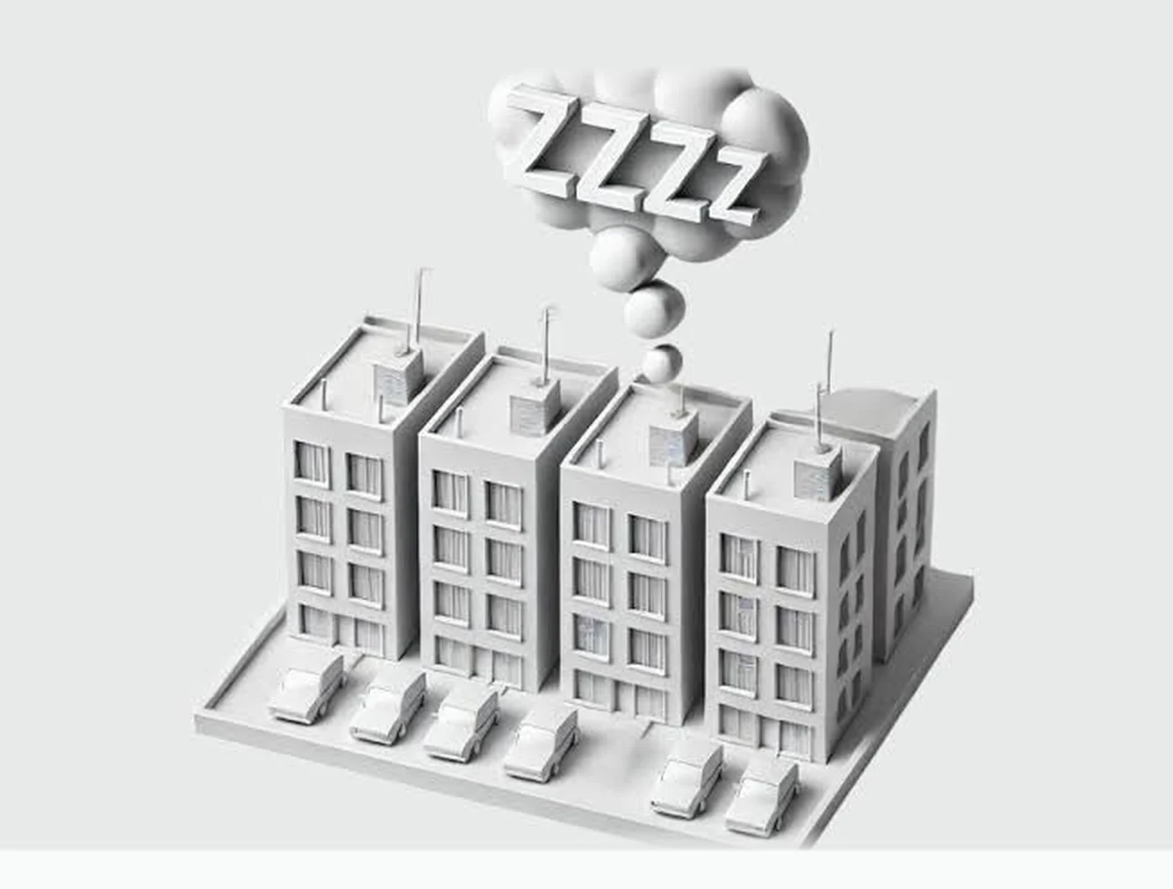 Slapende appartementengebouwen met een denkwolk vol Zzzz
